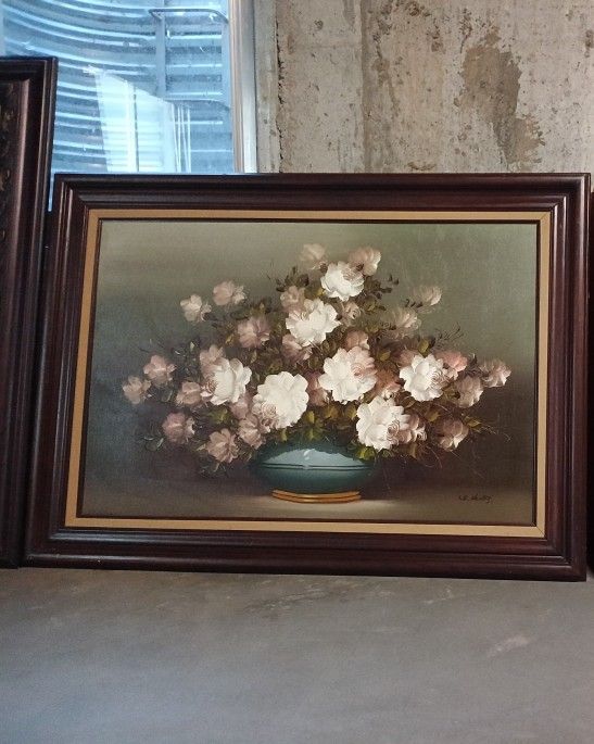 LS Henry Basket Of Flowers Painting Framed 44" X 31"