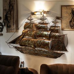 Large Mid Century Modern Metal Sailing Ship Art Wall Hanging