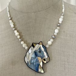 Mother-of-Pearl & Abalone Inlay Horse Head Statement Necklace 