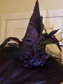 Purple Satin Witch Hat with Feathers