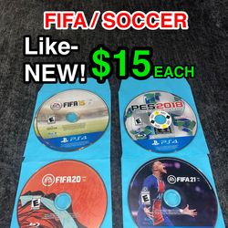 ⚽ FIFA & PES Soccer PS4 Games – Like New – $15 Each (FIFA 15, 20, 21, PES 2018)
