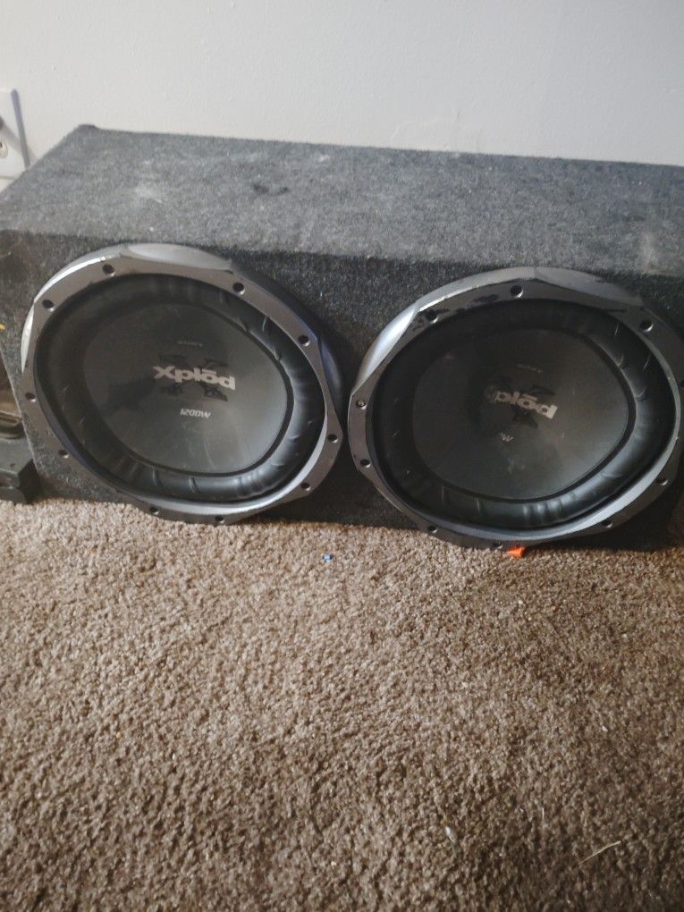 Sony Xplod car subwoofers mounted in a custom enclosure. They appear to be model XS-GTX120LW 1200W peak power.