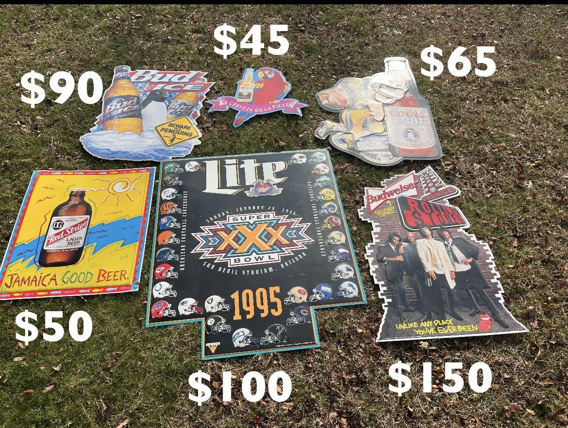 Vintage beer tin signs from the 90”. Pricing in pictures. If listed they are available 