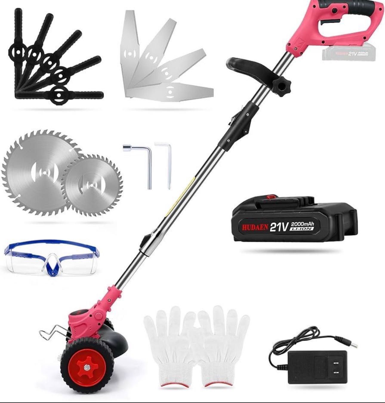 HUDAEN® 21V Cordless Grass Trimmer Weed Wacker with 2.0Ah Battery, 3-in-1 Lawn Trimmer Lawn Edger for Garden and Yard with Wheel, Lightweight Adjustab