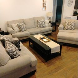 Three Set Living Room Couches, Ottoman End Tables And Lamps Included