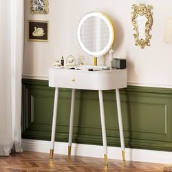  24" Vanity Desk with Mirror and Lights, Small Makeup Vanity Table with 1 Storage Drawers, 3 Color Touch Screen Stylish Dressing Table for Small Space