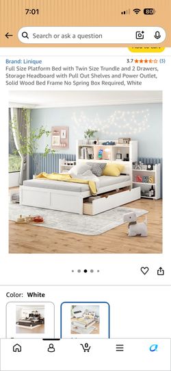 Full size White Frame Bed with shelf, extra bed and drawers