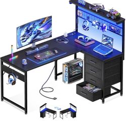 L Shaped Gaming Desk with Shelf & 4 Drawers, 43" Reversible Computer Desk with LED Light, Home Office Table with Hutch and Hook