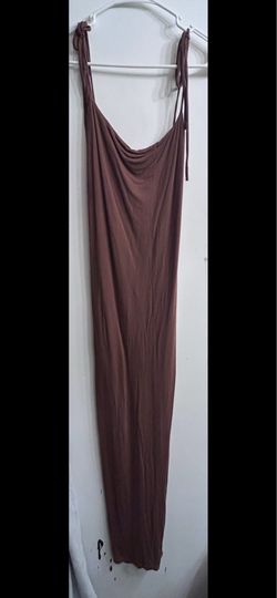 Brown maxi dress with cowl neck and open back