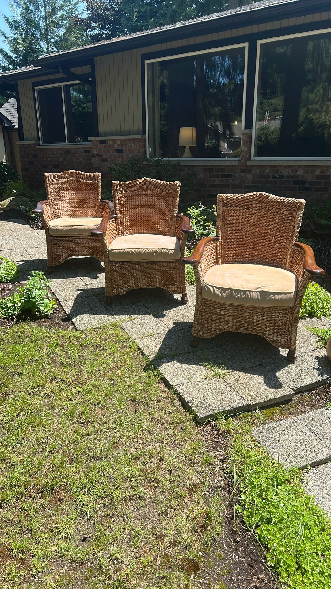 Set of 3 Woven Rattan Armchairs with Cushions – Great for Indoor or Covered Outdoor Use