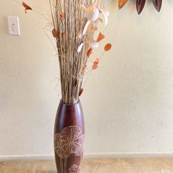 Beautiful   rattan wicker dryed  wood tall vase and  flowers flower hand  carved  brown furniture home living room spa  Jar  side vanity corner  zen 