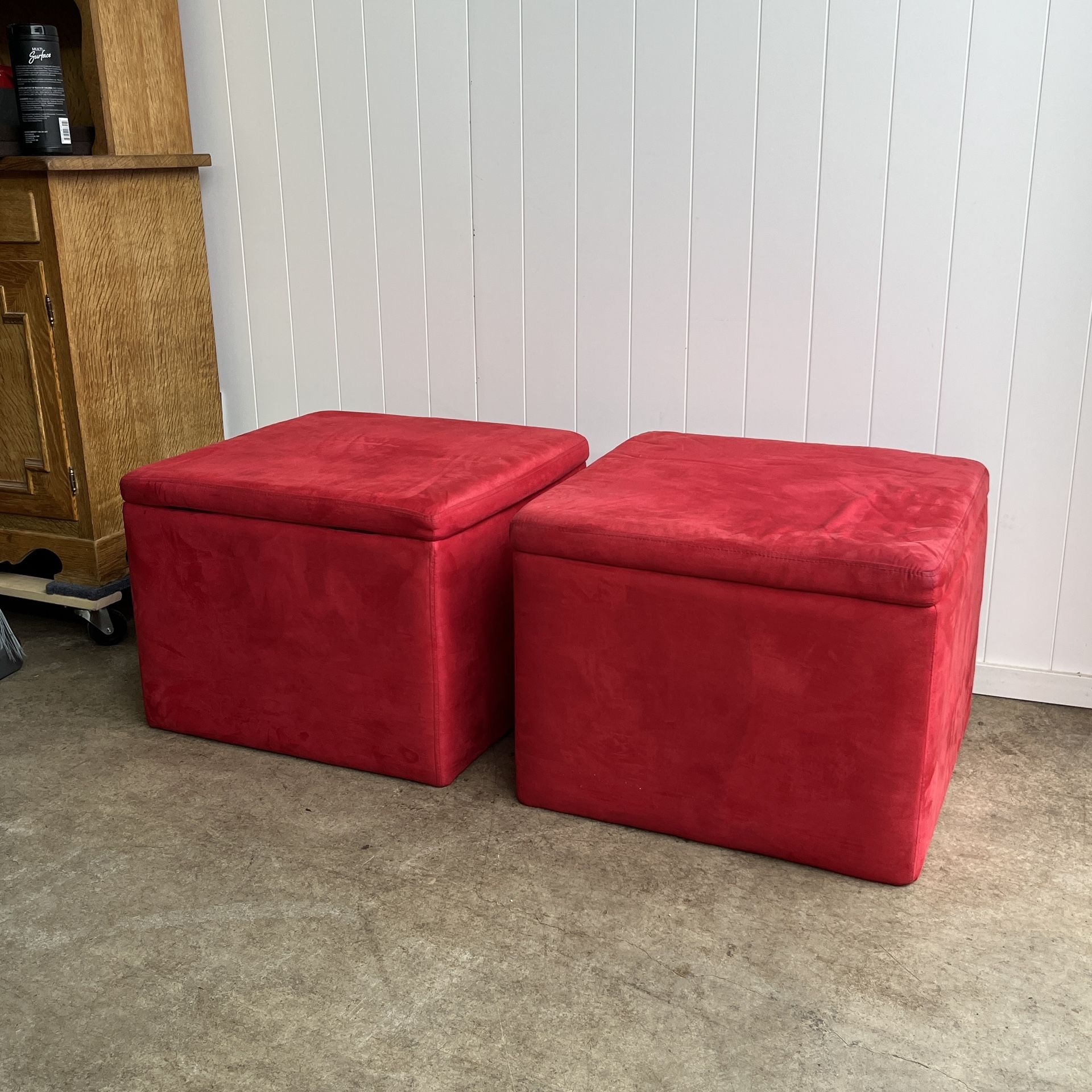 Two Red Cube Storage Ottomans / Stools