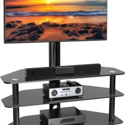 Rfiver Corner Swivel Glass TV Stand with Mount for 32-70 Inch Screen TV up to 110lbs, Height Adjustable Corner TV Stand with Mount, Entertainment Cent
