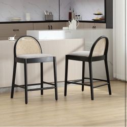Modern Grey Rattan Counter Stool,26 Inch Height - Wooden Linen Upholstered Bar Stools Barstool with Oval Rattan Backrest - Armless Kitchen 