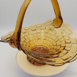 Large Beautiful Vintage Honey Amber Glass Basket 