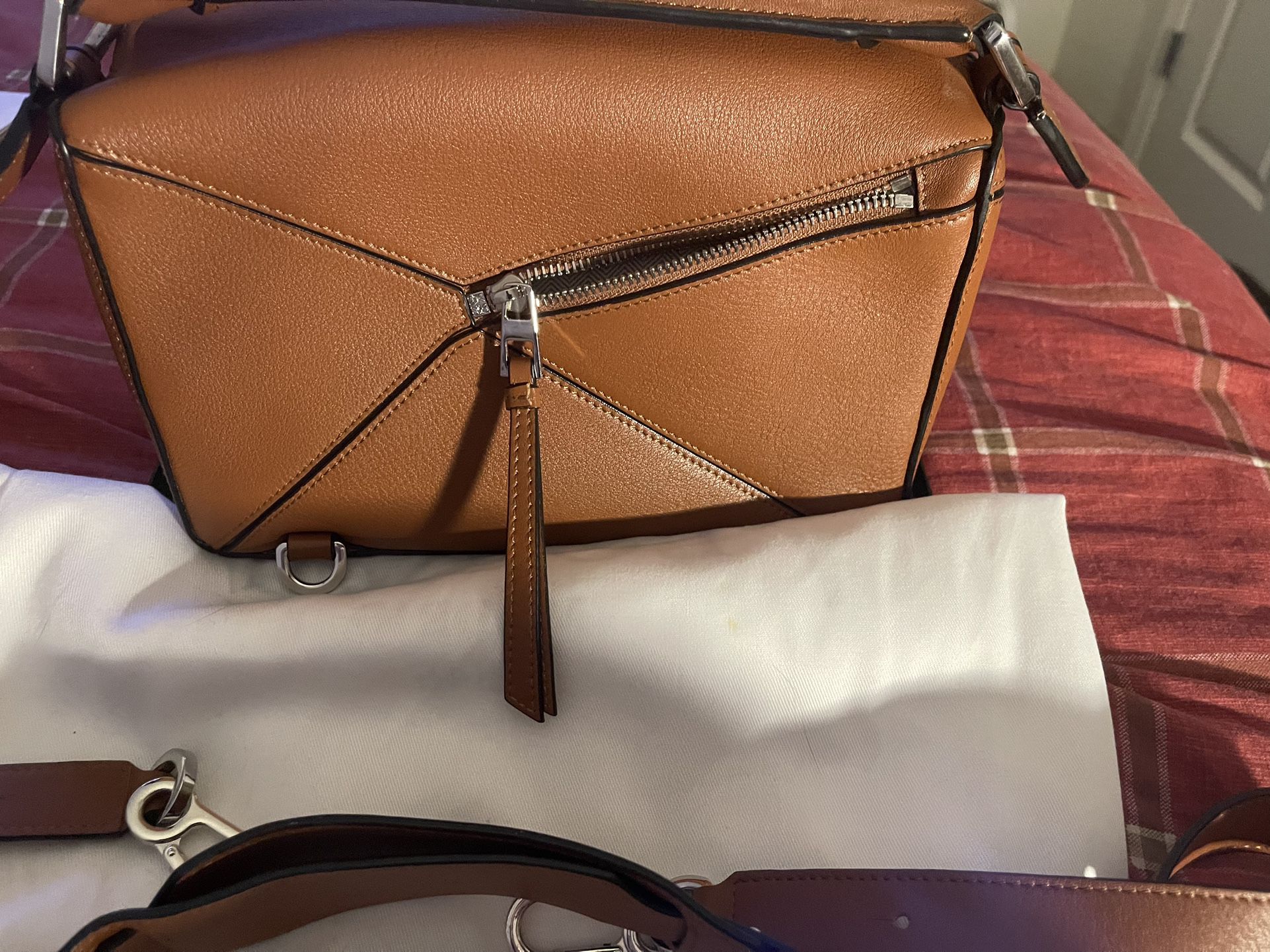 Up For Sale This Beautiful Classic Calfskin Small Tan Loewe Puzzle Bag 