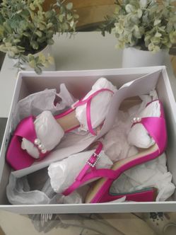 Hot Pink Satin Heeled Sandals with Pearl Detail