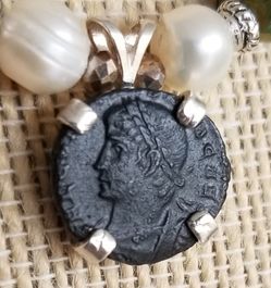Authentic Ancient Roman Coin Sterling Silver Pendant Jasper Necklace