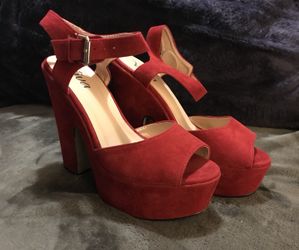 Faux suede platform peep-toe red shoes