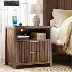 23" Wide Fluted Nightstand Set of 2 with Charging Station, Wooden