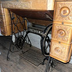 Antique Sewing Machine And Table 