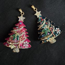2 Gorgeous Ornated Cristmas Tree Pendant Betsey Johnson 3"Hx1.8"W Each
