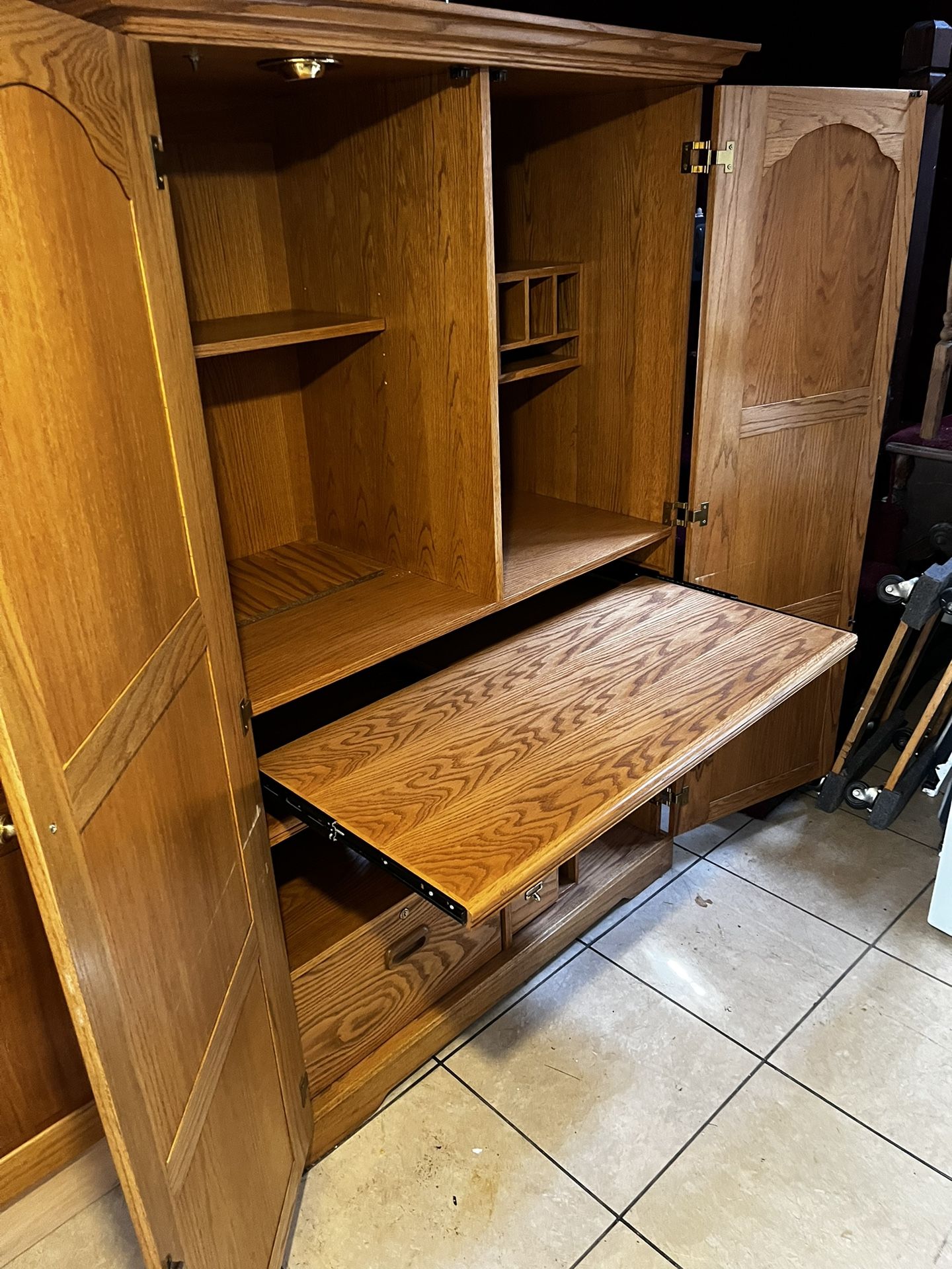 Honey Pine Double Door With Hidden Desk And Shelving