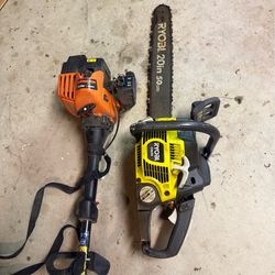 chain saw and weed whacker