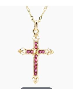 Solid 14k Gold Cross Necklace w/12 natural Rubies