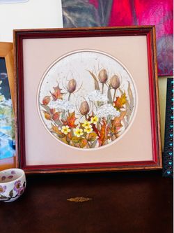 VTG Mid-century Modern Peggy Isaacson Nature Art Framed Floral Painting Signed Wall Decor