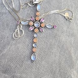 Sterling Cross With Chain Multi Stones