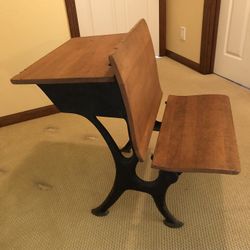 Antique School Desk Wood, Cast Iron Legs Vintage