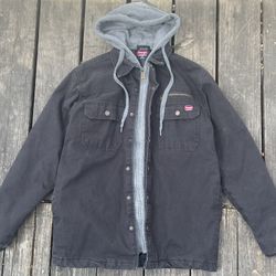 Wrangler Workwear Hooded Canvas Jacket Black Flannel Lined Men’s Small Work Coat