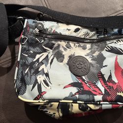 Kipling Yellow Red Floral Black Crossbag Medium Multi Pocket Used