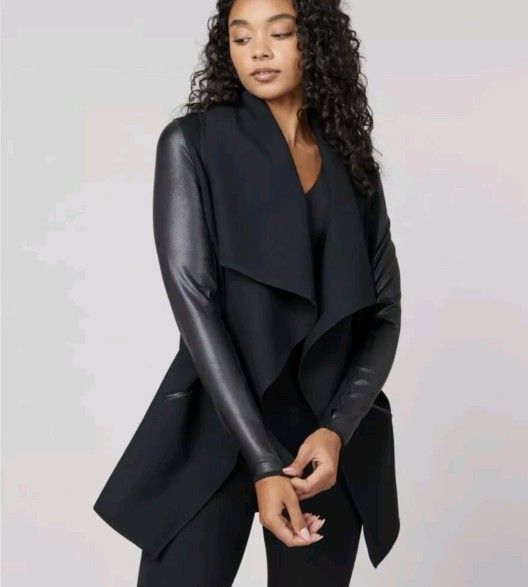 SPANX Drape Front Jacket Black Ponte Faux Leather Modern Comfort