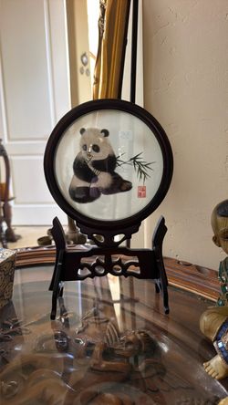 Chinese Silk Embroidery Panda Table Screen