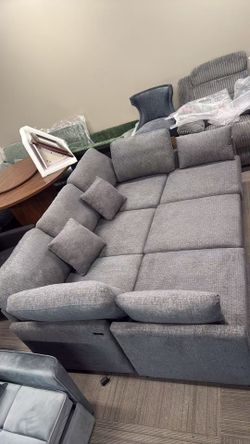 86.6 in. Square Arm Chenille Sofa in Grey with a Movable Ottoman and Two USB Ports for Living Room