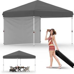 NEW 10'x10' Pop Up Tent Canopy + 1 Sidewalls - Easy Up Camping Tent with One Button Push Setup - 1 Roller Bag, 3 Adjustable Height, 4 Weight Bags for 