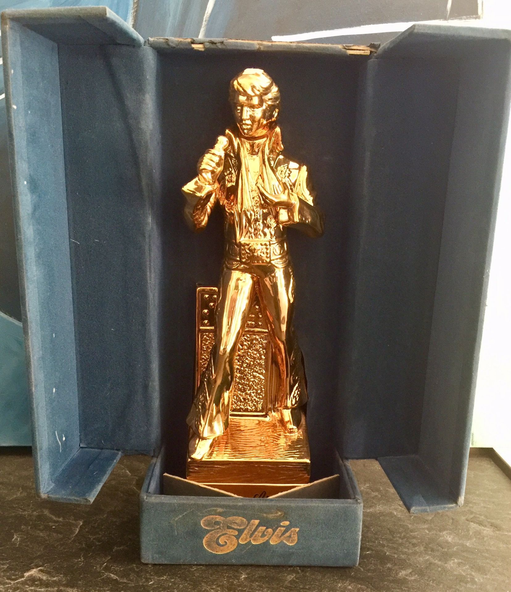 Rare Vintage Elvis Presley Whiskey Decanter & Music Box 1977! 23 K Gold Finish Porcelain Working Music Box plays “I DID IT MY WAY”. $150 Music Box