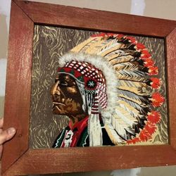 Vintage 3D Embroidered Crewel Native Indian Chief Framed 19 X 22