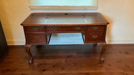 Vintage executive desk w/ cabriole legs & tooled learher top
