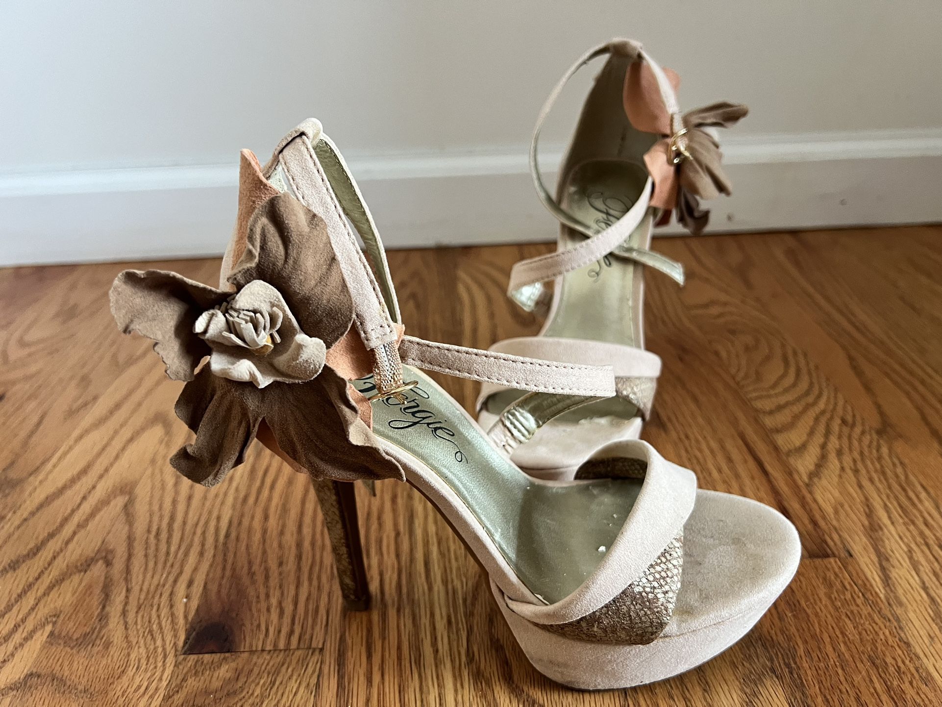 Ferrgie tan Suede With Snake Heel And Floral Embellished