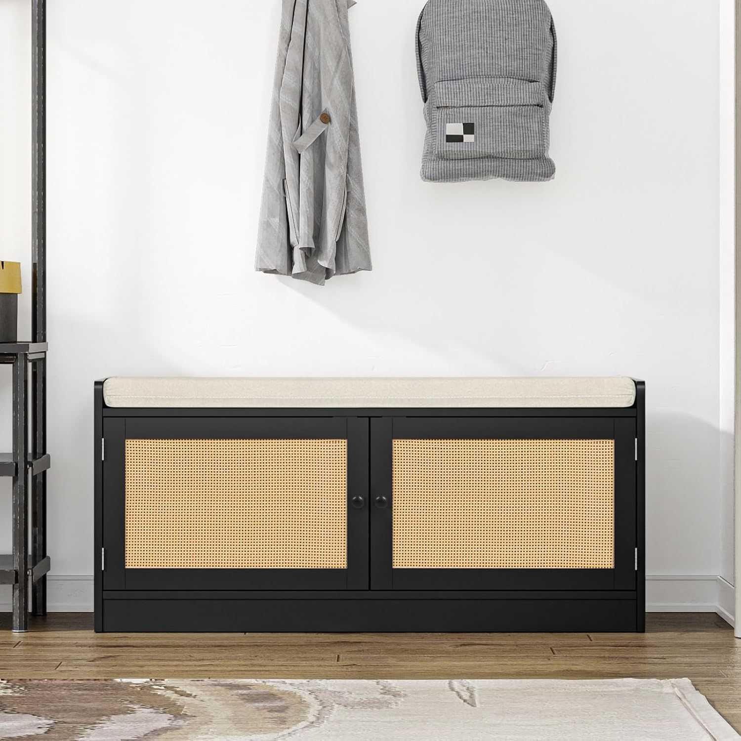 New Anmytek Rattan Shoe Bench, Entryway Bench with Shoe Storage Wooden Shoe Rack Bench with Cushion Seat & Adjustable Shelves, Storage Bench for Entry