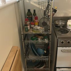 bunch of kitchen stuffs and shelf 