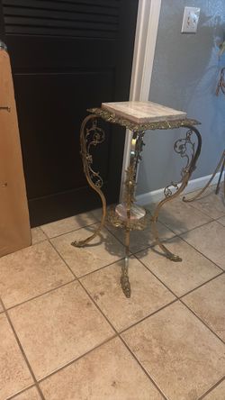 Ornate Brass and Marble Two-Tier Plant Stand