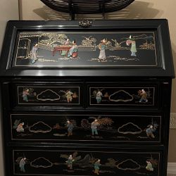 Mid Century Chinese Black Lacquer Inlay Stone Desk