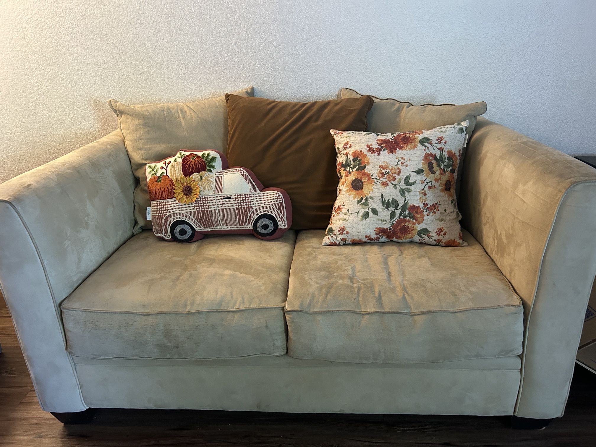Suede Loveseat Sofa + Pillows