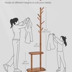 VASAGLE Coat Rack Free Standing Stand Hall Tree w/ 8 Hooks & Storage Shelf - Caramel Brown