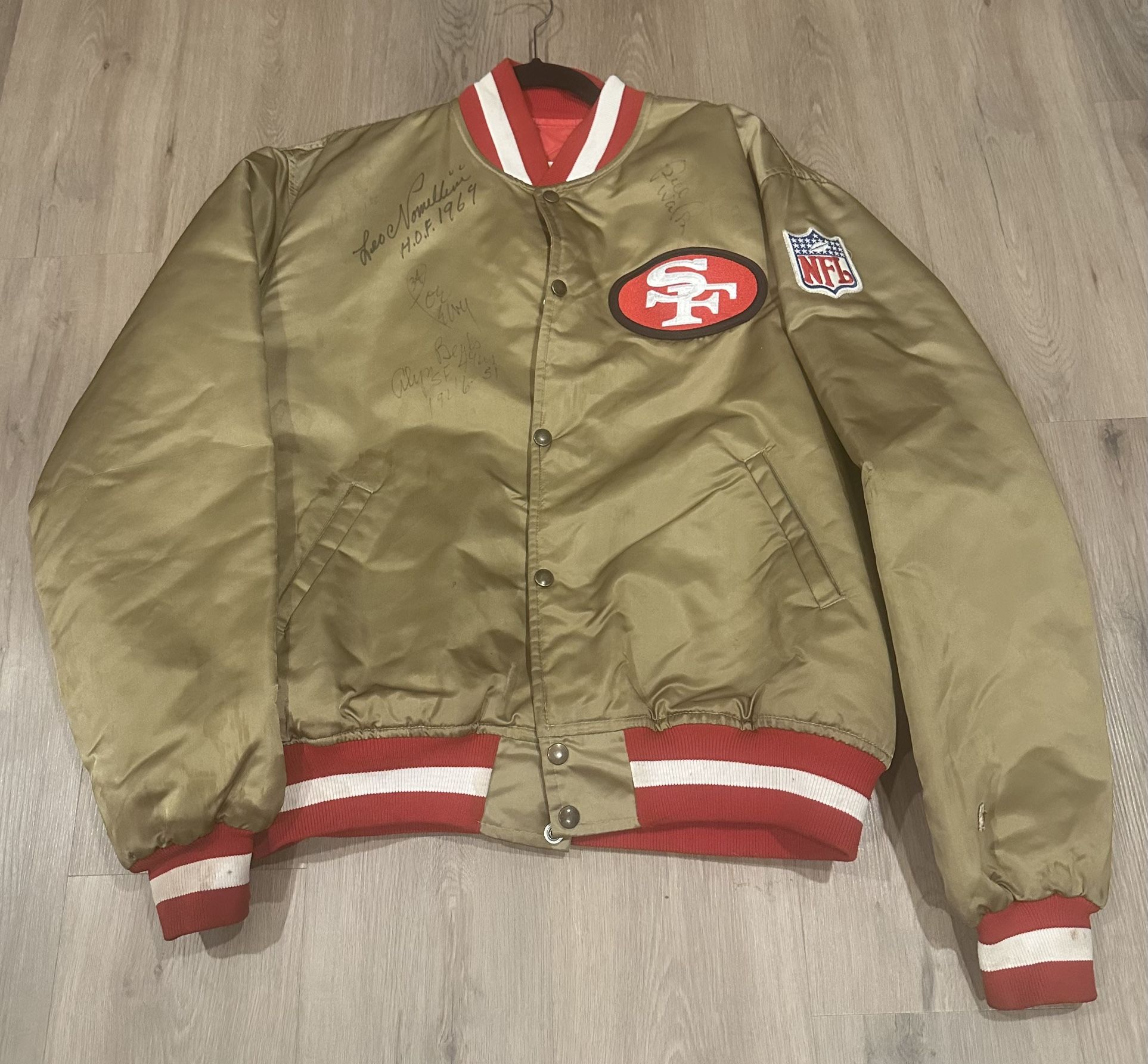Authentic Vintage SF Niners 49ers Gold Satin Jacket XL with 4 Past Players and Coach autographs