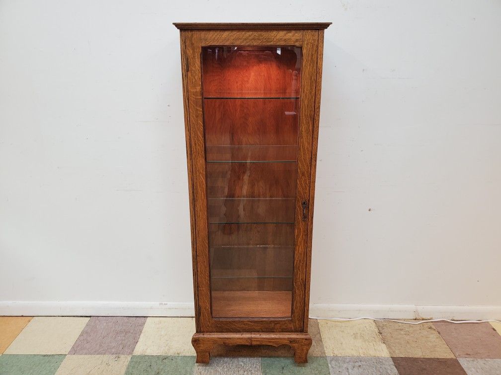 Antique Oak Bookcase Display Cabinet With Light